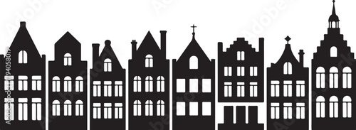 Set of Amsterdam style houses. Laser cut silhouette. Stylized facades of dutch buildings in old European fashion. Wood carving vector template. Urban landscape in black and white. Paper cut, die cut