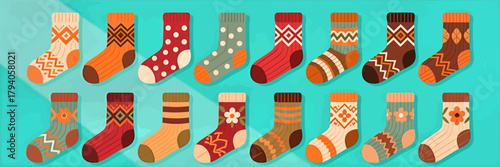 Colorful knitted socks, variety of patterns and textures, isolated