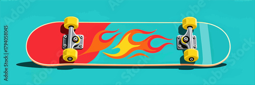 Colorful skateboard with fire design vector illustration isolated