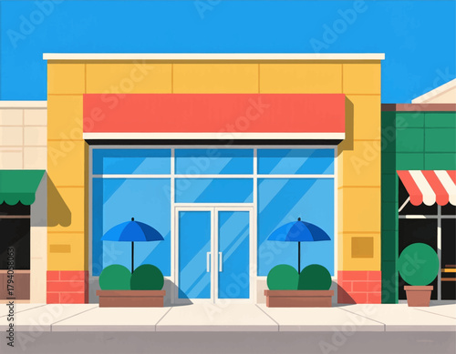 Colorful storefront vector, flat design with bright facade and awnings