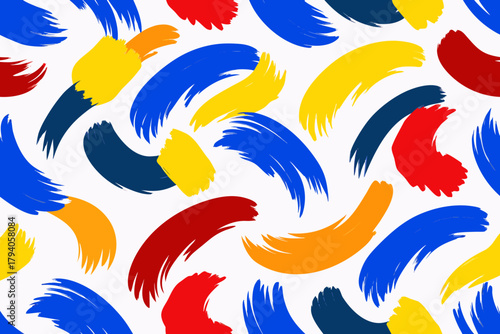 Dynamic Abstract Brush Strokes in Red Blue Yellow Orange on White background