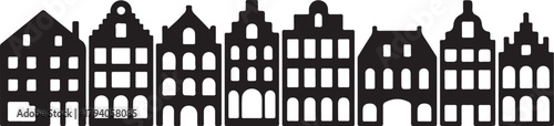 Set of Amsterdam style houses. Laser cut silhouette. Stylized facades of dutch buildings in old European fashion. Wood carving vector template. Urban landscape in black and white. Paper cut, die cut