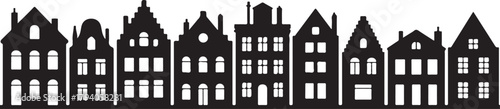 Set of Amsterdam style houses. Laser cut silhouette. Stylized facades of dutch buildings in old European fashion. Wood carving vector template. Urban landscape in black and white. Paper cut, die cut