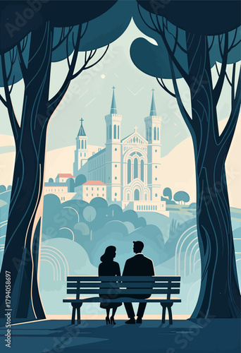 Couple on bench viewing cathedral, romantic minimal illustration