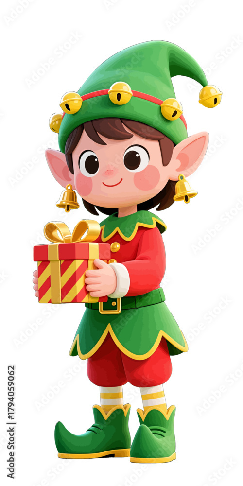 Naklejka premium Cute Elf Holding a Gift Box with Green Hat