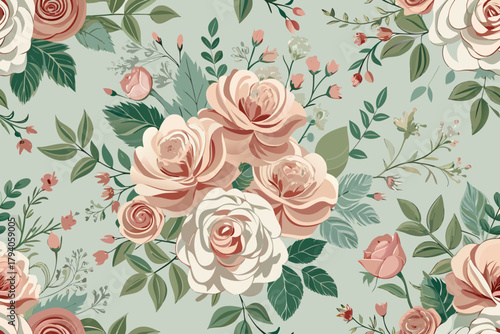 Elegant seamless pattern of blush and cream roses with abundant green foliage Keywords: floral, pattern, seamless, vintage, roses, flowers, leaves