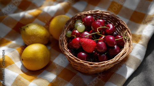 Fresh fruits flat lay featuring woven basket filled with cherries and strawberries alongside lemons, perfect for holiday theme