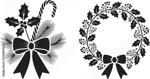 Set of Christmas decorations silhouette. Vector icons of a festive wreath and a decorative swag with holly bow and candy cane