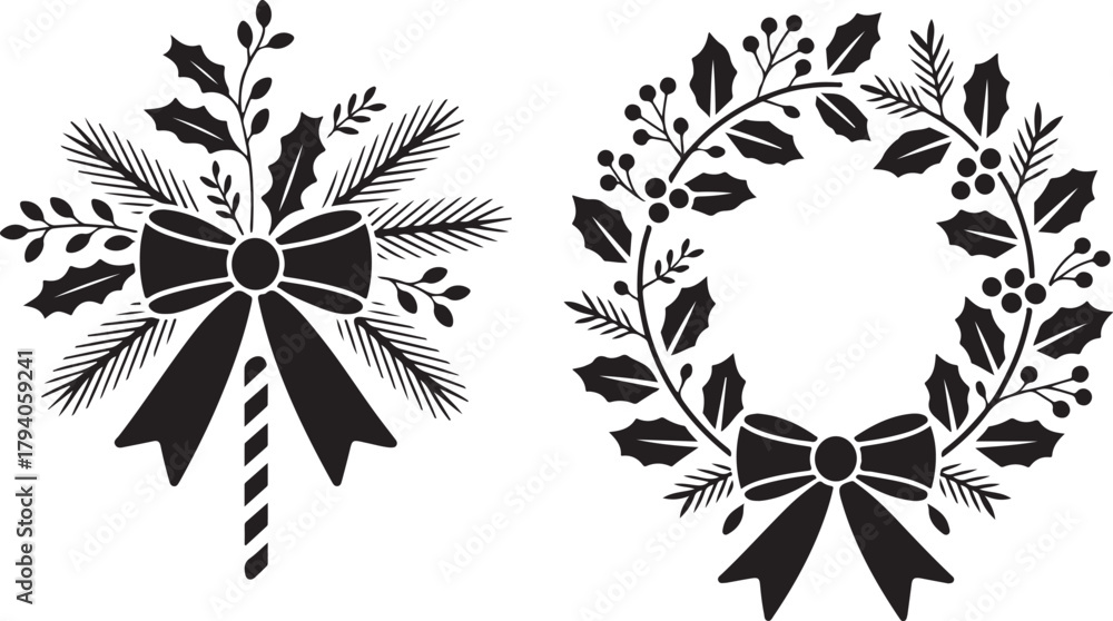 Obraz premium Set of Christmas decorations silhouette. Vector icons of a festive wreath and a decorative swag with holly bow and candy cane