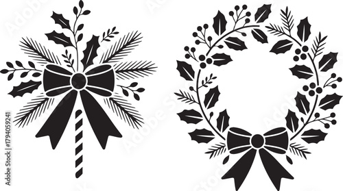 Set of Christmas decorations silhouette. Vector icons of a festive wreath and a decorative swag with holly bow and candy cane