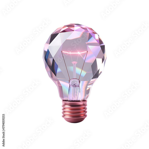 A faceted crystal light bulb with a pink glow illuminating its interior isolated on transparent background