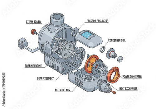 Exploded view illustration of a complex steampunk-inspired mechanical device with labeled components.