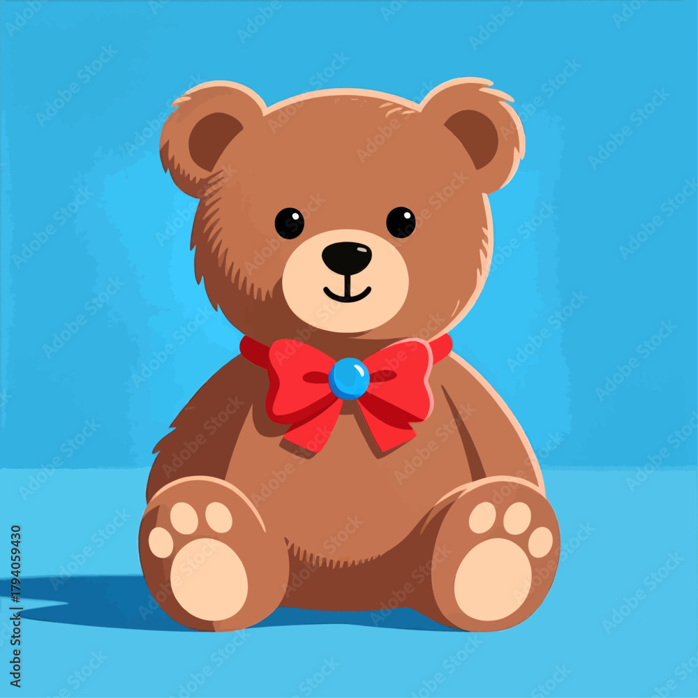 Obraz premium Cute teddy bear illustration with red bow isolated on blue background