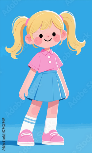 Cute schoolgirl in uniform, cartoon style, isolated on blue