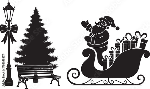 Set of Christmas scene elements silhouette. Vector collection with Santa Claus pulling his sleigh park bench and decorated lamppost