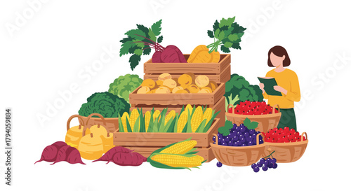 A woman checks the quality and inventory of a vibrant display of fresh, organic fruits, vegetables, and berries at a local farmer's market.