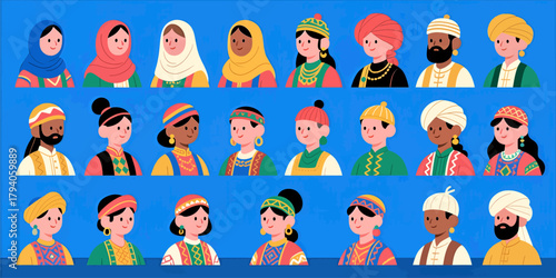 Diverse cultural people, flat colorful headshot illustrations, isolated