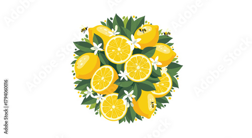 A vibrant circular arrangement of fresh, ripe lemons, both whole and sliced, nestled among green leaves and delicate white blossoms, with busy bees.