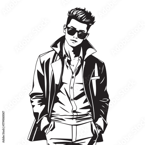 Stylish man wearing sunglass and jacket modern illustration vector.