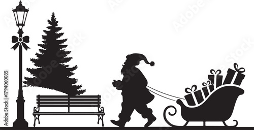 Set of Christmas scene elements silhouette. Vector collection with Santa Claus pulling his sleigh park bench and decorated lamppost