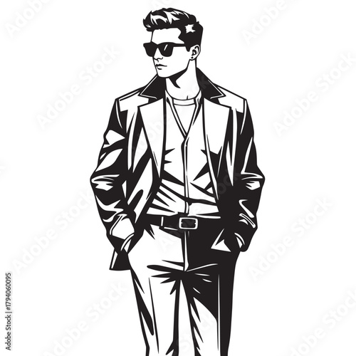 Stylish man wearing sunglass and jacket modern illustration vector.