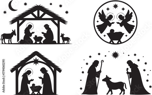Set of four silhouetted nativity scenes for Christmas showing Joseph and Mary, Wise men and angels at the crib of the Christ child, black and white vector illustration