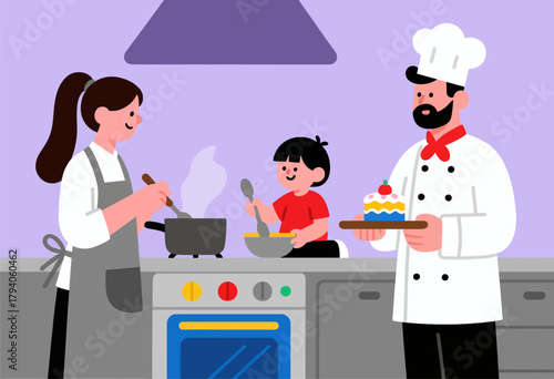 Family cooking together in kitchen, flat vector style