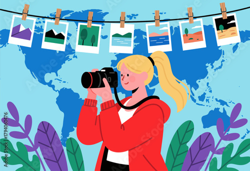 Female traveler photographing landscape, flat design illustration