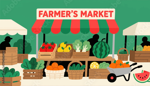 Farmer's market scene with fresh produce, flat colorful illustration.