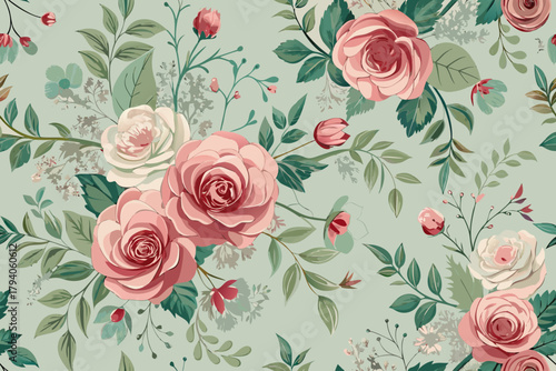 Repeating floral design of pink and white roses with green leaves on a muted teal background Keywords: floral, pattern, seamless, vintage, roses