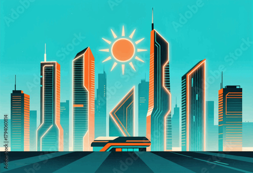 Futuristic skyscrapers illustration, minimal cityscape design, sun, and hovering car