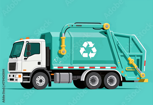 Garbage truck vector illustration, side view, recycling theme, minimal style