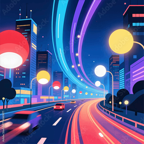 Futuristic city roadway at night, colorful vector illustration with glowing lights