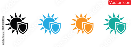 Sun protection icons for safe summer fun in multiple color options,UV protection icon set. UV radiation icon. Ultraviolet symbol, logo vector illustration.