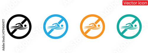 No swimming allowed icons in black, blue, orange, and green colors,Simple swimming icon, swimming 
 person logo vector illustration for swimming sport.