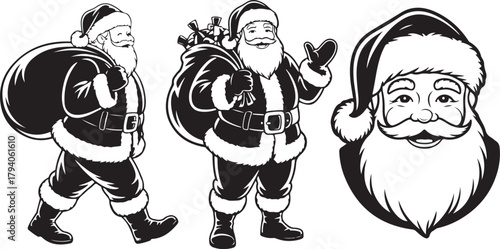 Set of Santa Claus silhouettes. Vector collection of black Christmas character icons in different poses with a gift sack