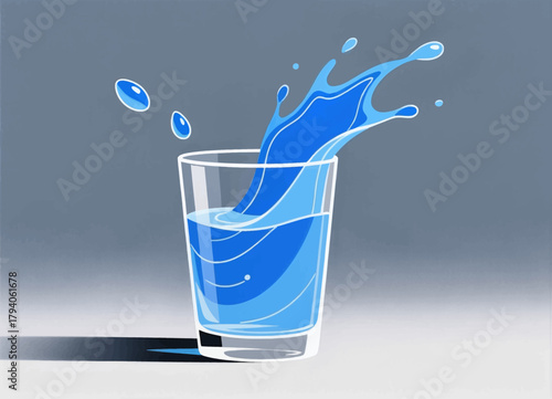Glass of blue water splashing, minimal vector, isolated