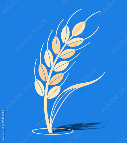 Golden wheat stalk vector illustration, minimal style, isolated on blue.