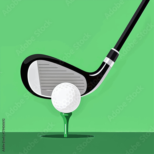 Golf club hitting ball on tee, minimal flat vector illustration
