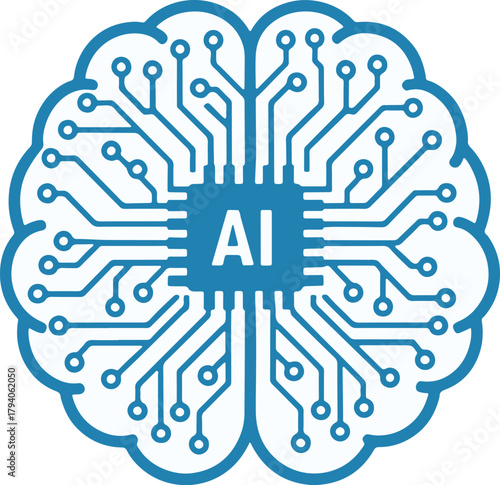 Artificial intelligence brain A technological depiction of an AI brain, showcasing circuits and the 'AI' label symbolizing technological innovation and data processing