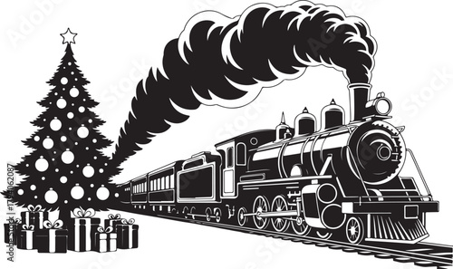 Silhouette Christmas Tree with Steam Train and Presents – Holiday Winter Scene Vector