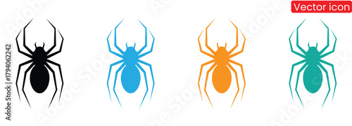 Spider logo icon, spider animal symbol, spider flat minimalist logo,Colorful spider silhouettes for your Halloween designs and more,Spider icons set. Flat, icons of different types of spiders, 