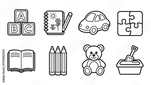 Collection of simple line art icons representing children s toys and learning materials