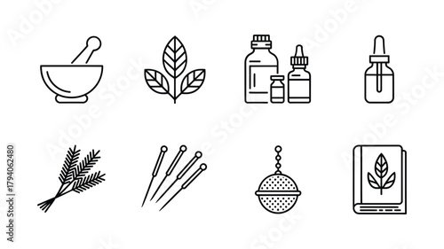 Herbal medicine and natural remedies icon set