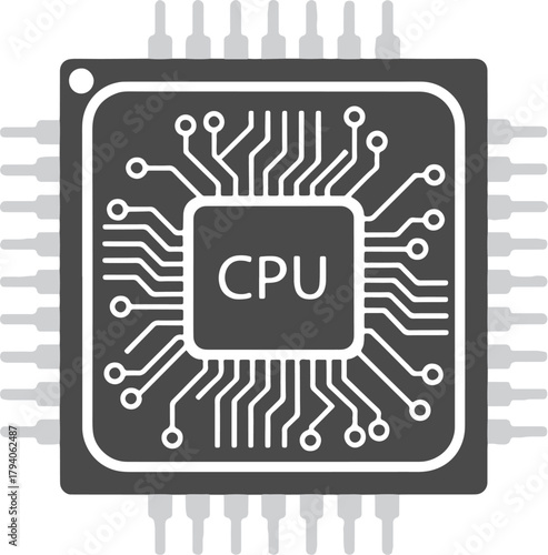 CPU Processor Chip Icon in Dark Gray Silhouette with Many Pins and Circuitry, Representing Computer Technology and Computing Power
