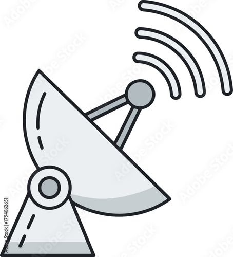 Vector illustration of a satellite dish antenna transmitting a radio signal for global communication and broadcasting