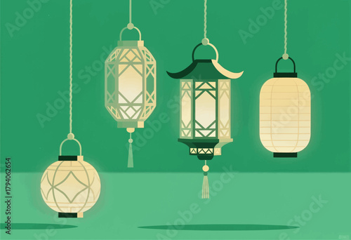 Hanging lanterns illustration, minimal Asian design, isolated