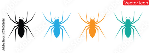 Spider logo icon, spider animal symbol, spider flat minimalist logo,Colorful spider silhouettes for your Halloween designs and more,Spider icons set. Flat, icons of different types of spiders, 