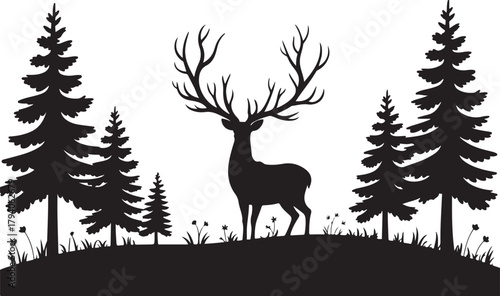 Silhouette of a deer with pine trees and forest