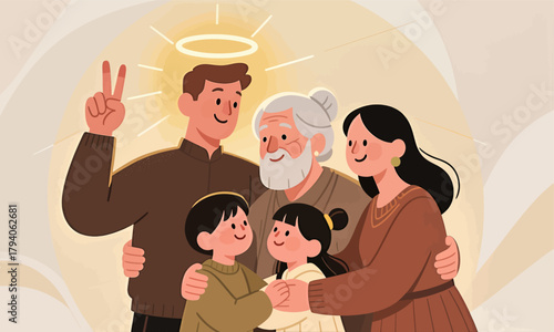 Happy family in group hug with grandfather, illustrated in flat earthy style